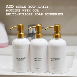 Luxury Shampoo and Conditioner Dispenser Set of 3 - Modern Refillable Shower Soap Bottles with Stainless Steel Pump, Body Wash Dispensers for Bathroom Decor Upgrade (White Bottles+Gold Pump)