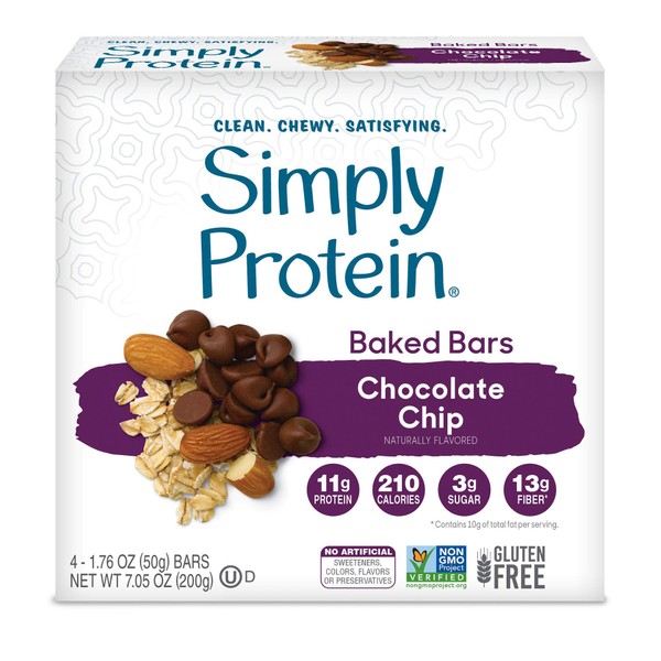 SimplyProtein Baked Bars. Clean and Light Crispy Bars with Plant Based Protein. (Chocolate Chip, 24 Pack)