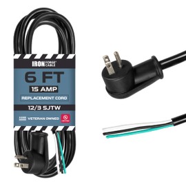 Iron Forge Cable Flat Plug 12 Gauge Power Cord Replacement - 6ft,15 Amp Black Heavy Duty, 12/3 SJT 3 Prong Cable for Appliances & Power Tools