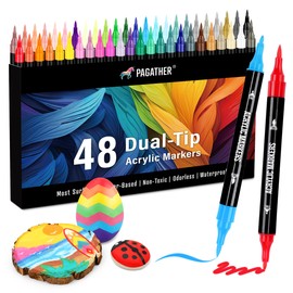 Pagather 48 Colors Acrylic Paint Markers, Dual Tip with Fine Tip and Brush Tip Pens for Stone, Wood, Calligraphy, Canvas, Ceramic, Metal, Glass, Rock Painting, DIY Crafts