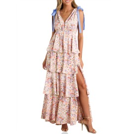 Wenrine Womens Summer Floral Maxi Dress Tie Strap Sleeveless V Neck High Slit Boho Ruffle Tiered Beach Dresses Violet