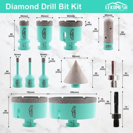 LEKOMESH Diamond Hole Saw Kit - (6/6/8/20/35/50/75/100mm+20mm Finger Bit+50mm Chamfer Bit+SDS/HEX Adapter) Tile Drill Bits for Porcelain Ceramic Marble Brick Concrete,5/8"-11 Thread