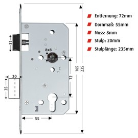 FELGNER Panic Mortice Lock with Latch, Panic Function "D" for Escape Doors, Fire Doors, Smoke Protection Doors, For Highest Loads, with Counter Plate, Backset 55 mm, Faceplate 20 mm, DIN Left and