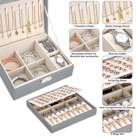 Moseem Jewellery Box Organiser for Women Girls,2-Layer Large Jewellery Organiser Box with 2 Watch Pillows,Removable Tray,PU Leather Jewellery Boxes for Earrings Rings Necklaces Watches Bracelets,Grey
