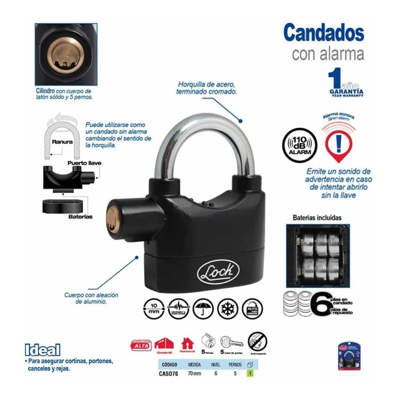 Candado Alarma Sonora Lock Caso70 70mm 110db Llave Puntos Color