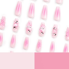 MouyouGlow Press on Nails Extrem Lang,Ballerina Rosa Ombre 3D Bow Kitty Sterne Herz Strass Perle Ripple Fake Nails Kunstnägel mit Nagelkleber, Kawaii Künstliche Fingernägel