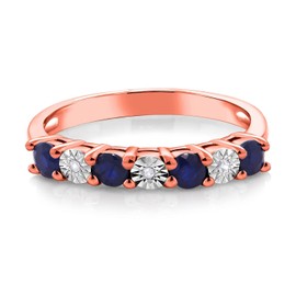 Gem Stone King 18K Rose Gold Plated Silver Round Diffused Blue Sapphire and White Diamond Engagement Ring