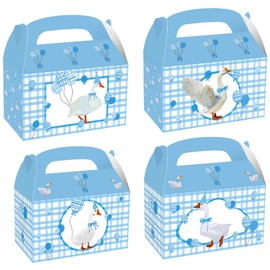 BACH AND BOUJEE 12 PCS Blue Silly Goose Party Favor Treat Boxes Bithday Party Supplies One Silly Goose Blue Gingham Gift Goodies Box Bags Goose Theme Bithday Decorations Baby Shower