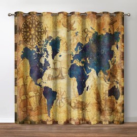 Jekeno World Map Blackout Curtains, Rustic Vintage Nautical Fabric Decor, Farmhouse Old Fantastic Sea Monster Theme Grommet Window Drapes for Bedroom Living Room, 42 Wide 84 Long Inches 2 Panels
