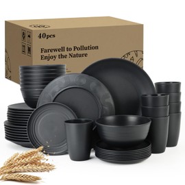 Wrova Wheat Straw Dinnerware Set of 40 Pieces - 10" & 9" Plates, 6" Snack Plates, 26oz & 12oz Bowls & Cups - Unbreakable, Microwave & Dishwasher Safe - Black