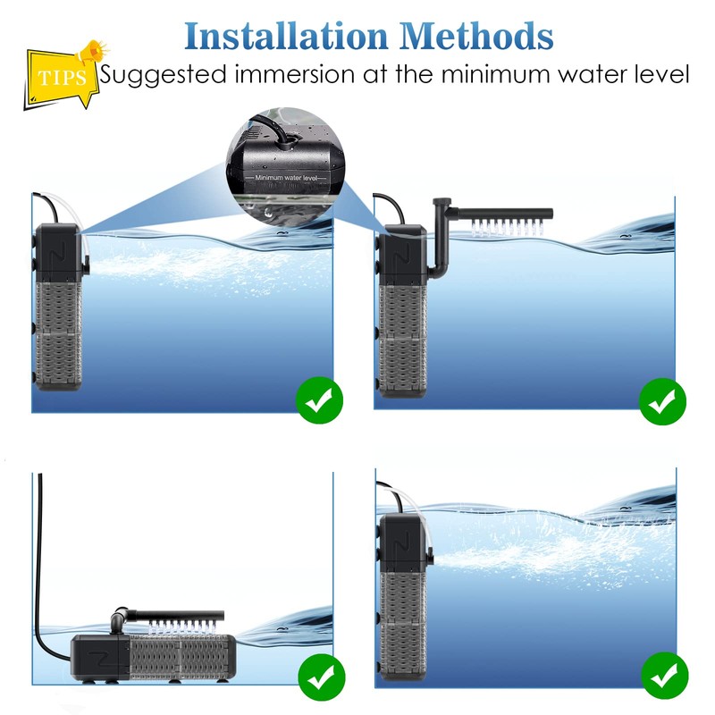 AQQA Aquarium Filter, Submersible Power Fish Tank Filter with Rainwater