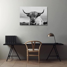 Highland Cow Wall Art Canvas Print Black and White Animal Canvas Picture Framed Art Wall Decor for Bedroom Bathroom (20x30 inch)