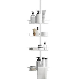 Zenna Home Tension Pole Shower Caddy Corner Organizer, Adjustable Standing Shower Caddy with 4 Baskets and Built in Towel Bar, Rust Resistant Bathroom Tension Rod Organizer, 60 to 97 Inch, White
