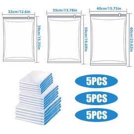 WANDGU Pack of 15 Vacuum Bags for Clothes: Travel Compression Bags for Rolling, Reusable Clothes Bags, 3 Sizes 32 x 39, 35 x 50, 40 x 60 cm for Travel Luggage, Travel Essentials