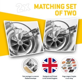 Square Stickers (Set of 2) 7.5cm BW - Turbo Charger Car Men's Fun Decals for Laptops,Tablets,Luggage,Scrap Booking,Fridges, #38178