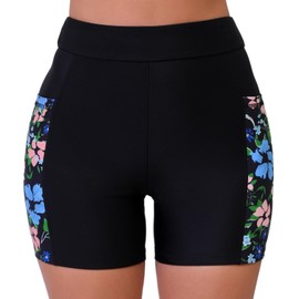 Halcurt Women's 5" High Waisted Swim Shorts Swimsuit Bottoms Boy Shorts with Pocket Black Floral L