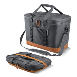 CleverMade Pacifica Collapsible Cooler, 50 / 31 Qt Can Beach Folding Soft Beverage Tote, Shoulder Strap, Bottle Opener, Great Car Coolers for Travel, Leak Proof Bag, Cool Gray/Cognac