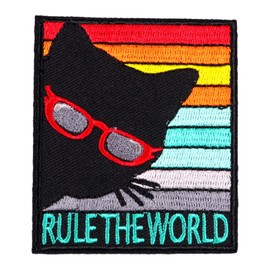 Rule The World Cool Cat Retro Patch, Iron-on/Sew-on Embroidered Badge Applique Funny Patch Patches for Backpacks, Jeans, Hats, DIY Accessories & Crafts, Jackets, Bags, Clothing