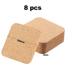 Pack of 8 Cork Coasters, 3 mm Thick, 10 cm Coasters, Glasses, Cork, Non-Slip Coasters for Home, Kitchen, Living Room, Bedroom, Office, Café or Bar, Heat Resistant, Reusable (Square)
