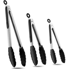 U Chef Pinzas de cocina, Set de 3 Pinzas de Cocina de Acero Inoxidable con Puntas de silicona, Pinzas Antideslizantes para Cocina, Resistentes y Antiadherentes, Juego de 3-7", 9" y 12" (Negro)