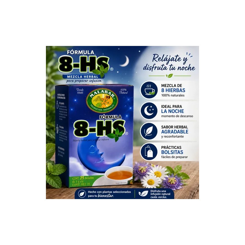 Té Malabar Fórmula 8-hs Mezcla Herbal Natural 25 Sobres