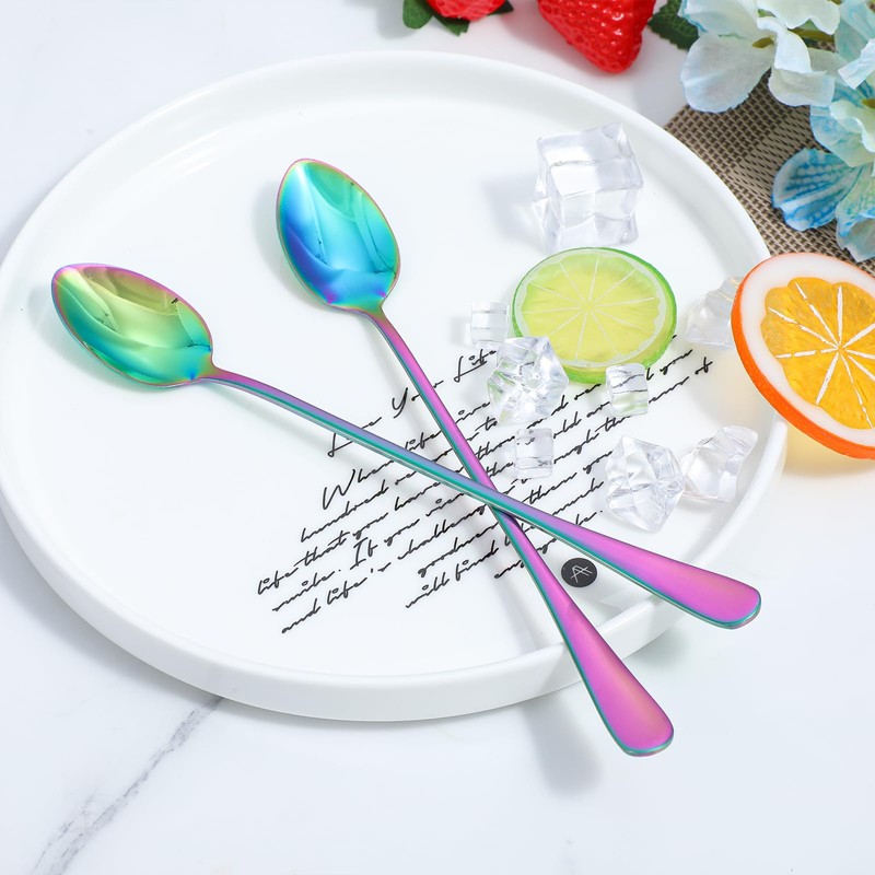 Guduling 4 Pcs Rainbow Sundae Spoons,Rainbow Teaspoons,Coffee Spoon,Stainless Long Handled