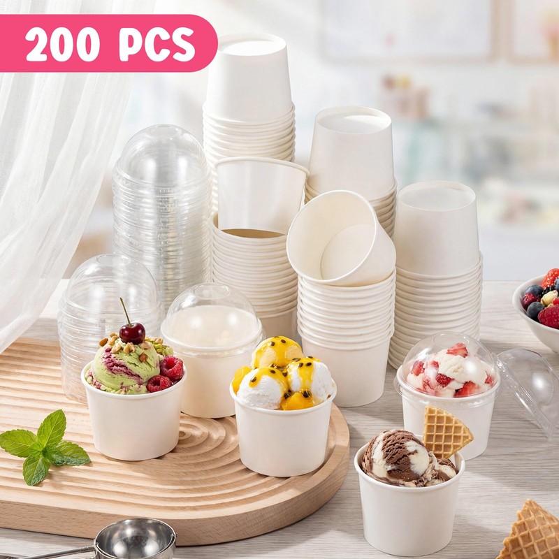 200 Pack Ice Cream Cups with Dome Lids No Hole