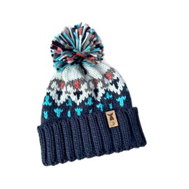 Navy patterned beanie with pom pom | Navy knitted beanie hat | Winter hat with pom pom | Bobble hat | Navy beanie