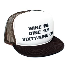 Wine Em Dine Sixty Nine Em 69 Flat Bill Unisex-Adult One-Size Trucker Hat (Brown/White)
