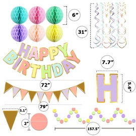 Buygain Pastel Birthday Decorations, Happy Birthday Banner with Honeycomb Balls, Stars Hanging Swirl Streamers, Buntings Circle Dots Garland, Party Decorations for Women Men Boys Girls (Multi-colored)