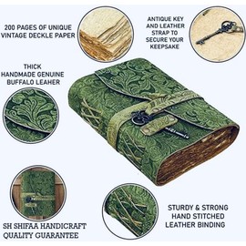 Embossed Leather Journal with Antique Key Vintage Pages Handmade Journal Leather Sketchbook Notepad Leather Travel Journal Book of Shadows Leather grimoire (A Green, 8x6 Inch)