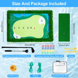 Toemics Floating Golf Green for Pool & Lake, Chipping Green Mat (23.6"×35.4") with Ball Retriever, Chipping Club, Floating Colored Sticky Balls & Scorecard, Outdoor & Indoor Golf Game, Golfer Gift