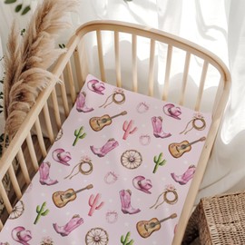 Cute Pink Western Cowgirl Hat Boot Cactus Fitted Crib Sheet for Baby Girls Boys 28x52 Inch Guitar Bows Wildflowers Baby Sheet for Standard Crib and Toddler Mattress Wild West Nursery Bed