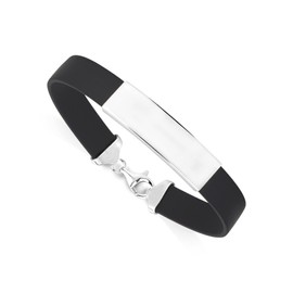 Sterling Silver 925 Engravable Bracelet Mens ID Bar Bracelet with Black Rubber Band 7.25" [Width 11mm]