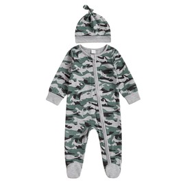 Ayalinggo Newborn Baby Boy Clothes Long Sleeve Crewneck Camouflage Footies Camo Romper Zipper Bodysuit Fall Winter Outfit (Gray, 3-6 Months)