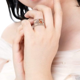 Uloveido 3pcs Rose Gold Plated Emerald Cut Orange AAA Cubic Zirconia 3 Stone Cross Engagement Wedding Ring Set, Gift One Nested Y434