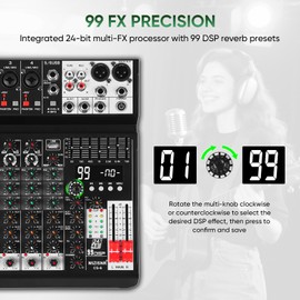 MIZISNR Audio Mixer 6 Channel Sound Mixer Console, Professional Music Mixing Board DJ Mixer w/ 99 DSP, 7-band EQ, USB, Bluetooth, 48V Phantom Power & PAD Function for Recording PA Live Live Streaming