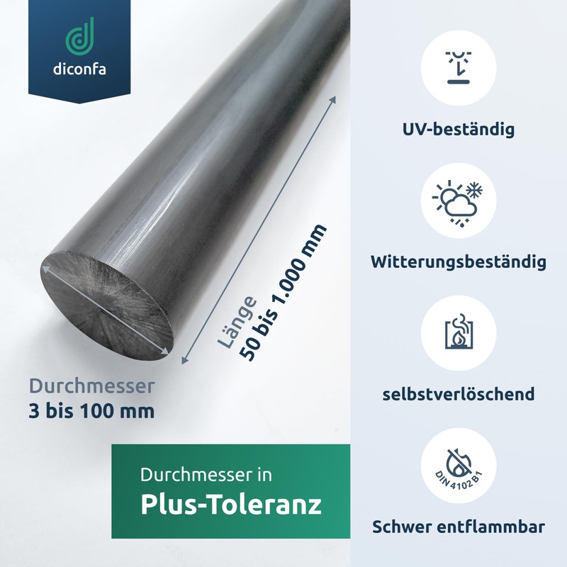 diconfa PVC Round Rod Dark Grey to Size - Selection: