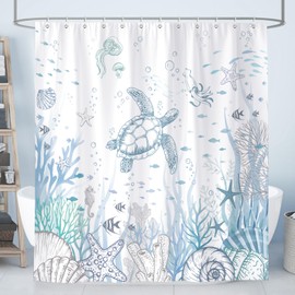Dazzlewall Sea Turtles Shower Curtain, Blue Ocean Maritime Sea Coral 180 x 180 cm, Waterproof Bathroom Curtain, Anti-Mould, Polyester Fabric with 12 Hooks
