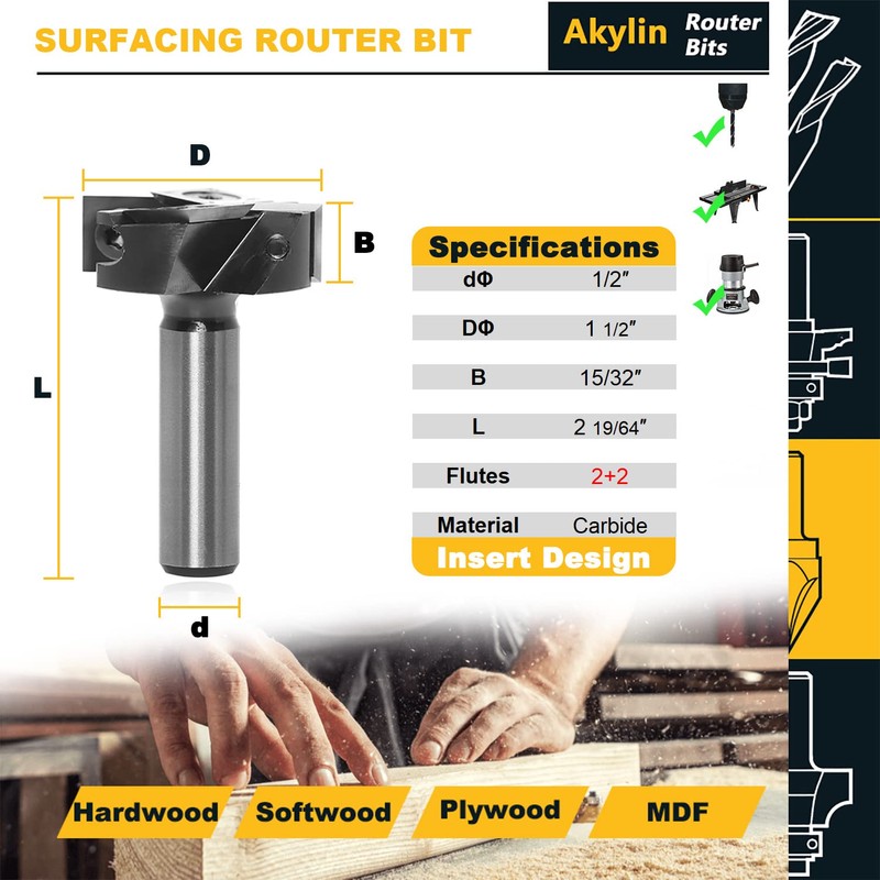 Akylin Slab Flattening Router Bit 1/2 Shank - CNC Spoilboard