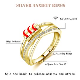 Kamise Silver Anxiety Ring, 925 Sterling Silver Fidget Ring for Anxiety Women, Adjustable Open Spinner Fidget Rings with 5 Beads, Infinity Gold Anxiety Fidget Rings Rings for Stress Worry Relief