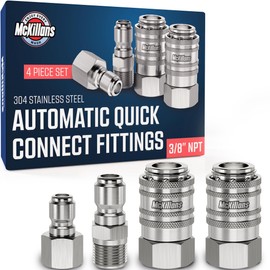 McKillans® 3/8" NPT Automatic Pressure Washer Quick Connect Kit of 4 - Stainless Steel - 3/8" Pressure Washer Quick Connect Fittings - Power Washer NPT 3/8" - Push-to-Connect - Upgraded Viton O-Rings