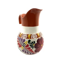 Mexican Water Carafe Drinks Jar Mexicana, de Barro for Hot or Cold Beverages Drinks Natural Clay Large 12x8.5" W/Handle Hand Made Painted Glazed Large (Cafe Claro con Blanco. Flor Azul y Cafe)