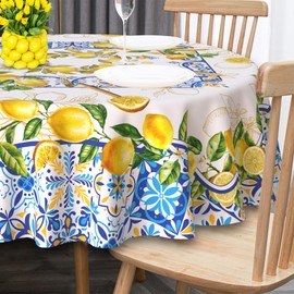 Unibyby Lemon Tablecloth 60 Inch Round, Yellow and Blue Mediterranean Summer Decor Tile Flower Pattern Table Cloth Italian Themed Decor for Party Table Cover for Dining Room