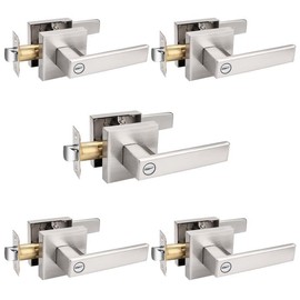 Probrico 5 Pack Bed and Bath Privacy Door Locks, Nickel Finish Handleset,Keyless Feature,Modern Square Door Handles Interior Door Levers Heavy Duty Hardware