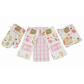 Easter Spring Kitchen Dish Towels Pot Holder Oven Mitt Set, 5c: Colorful Floral Happy Easter Eggs Design