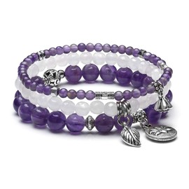 JSDDE Jewellery Wrap Bracelet Multilayer Bracelets Set Friendship Bracelet Partner Bracelets Made of Gemstones Healing Stones with Lotus Leaves Pendant for Women, Base Metal, amethyst
