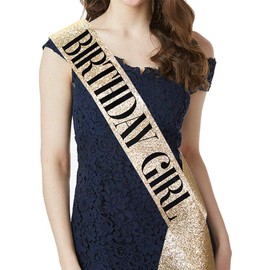 "Birthday Girl" Sash & Rhinestone Headband Set - Birthday Gifts Birthday Sash for Women Birthday Party Supplies (Gold Glitter/Black)
