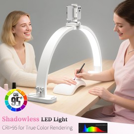 DLITISH Nail Desk Lamp for Nail Tech, Foldable 34in 48W Half Moon Light with Phone Holder and USB Charging Port, 3 Color Temperature Dimmable LED Desk Light (Black)