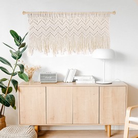 POFEIKTS Boho Macrame Valance Curtain, 47"W x 22"L (Beige), Casual, Light-filtering, Unlined, Adult, Unisex, Indoor, Farmhouse, Boho, Bedroom, Living Room, Kitchen, Bathroom, Window Treatment Valance